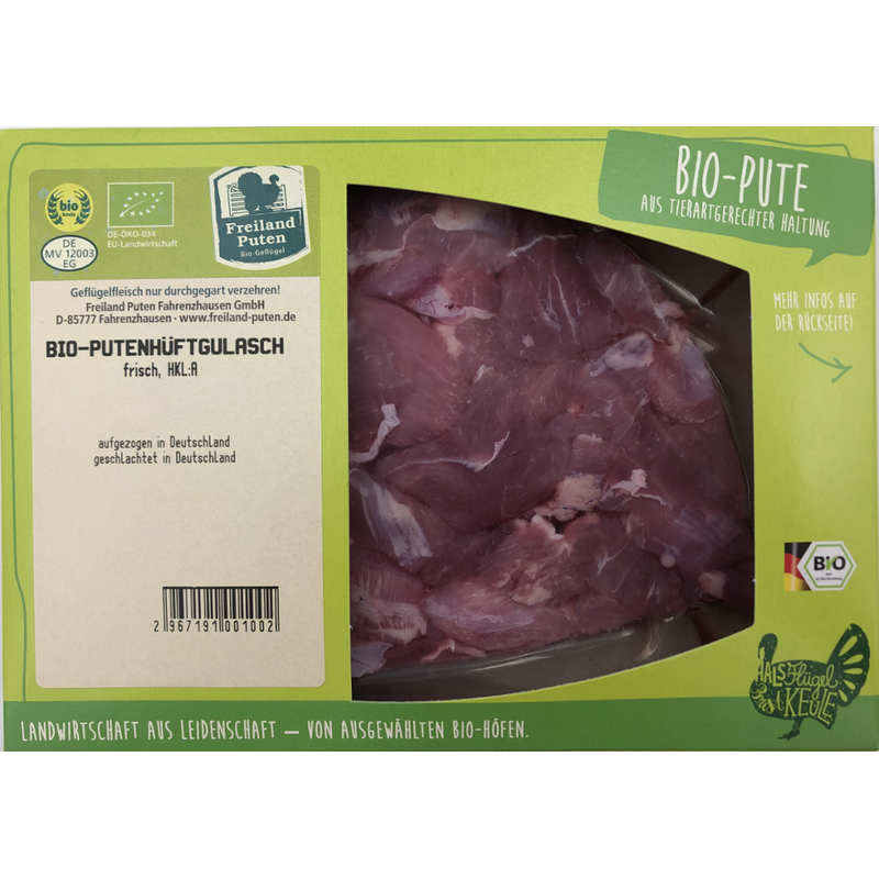 Freiländer Bio Geflügel Putenoberkeulengulasch, Bio, frisch, 350g vakuumiert - Produktbild