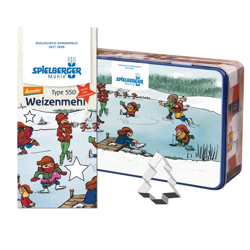 Spielberger Mühle Plätzchen-Dose inkl. 1 kg Weizenmehl Type 550 und Ausstecher, demeter - Produktbild