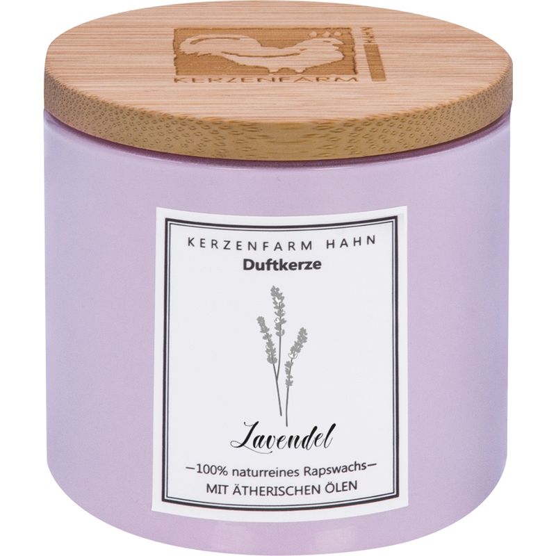 Kerzenfarm Hahn Von Hand gegossene Duftkerze im Glas, lavendel, mit Holzdeckel, befüllt mit  Rapswachs, mit natürlichen ätherischen Ölen beduftet.  Natürlicher Duft Lavendel - Produktbild
