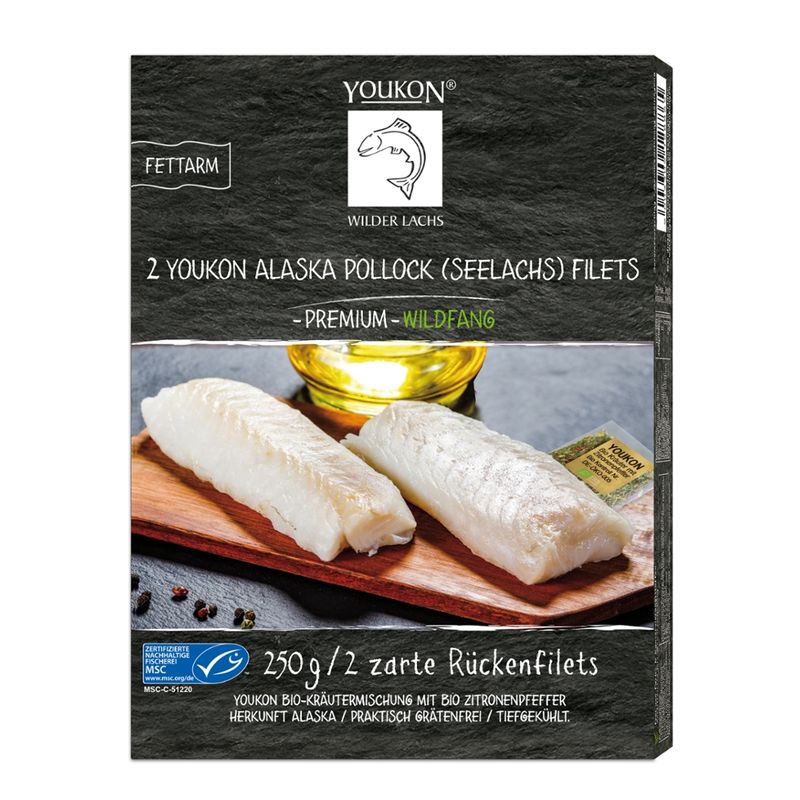 Youkon Wilder Lachs  Youkon Alaska Pollock (Seelachs) Filets 250 g (Gadus Chalcogrammus) 250 g/2 zarte Rückenfilets mit beigelegter Bio-Kräutermischung mit Bio-Zitronenpfeffer, MSC zertifiziert - Produktbild