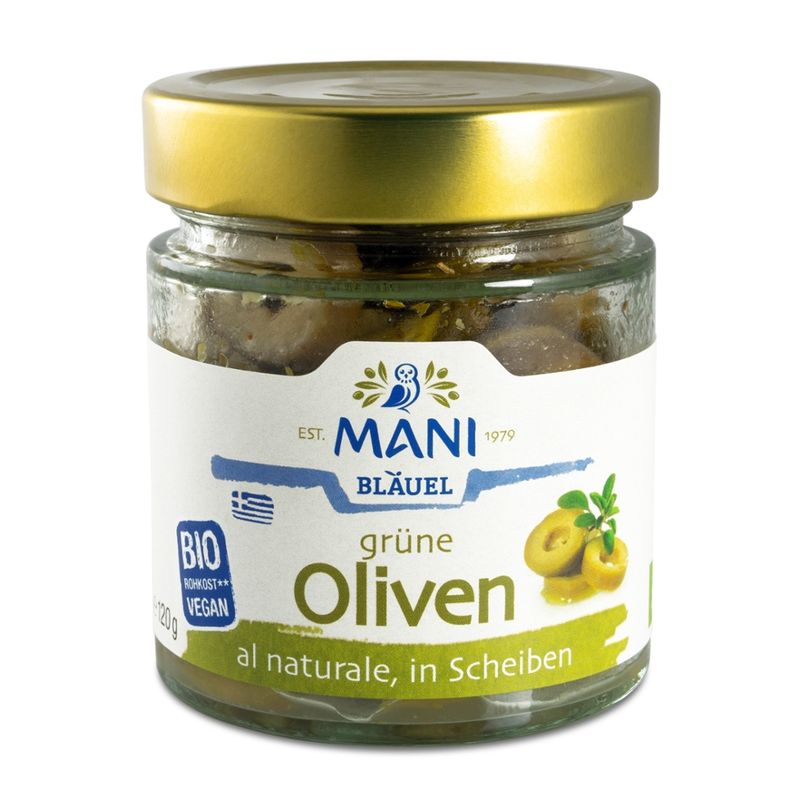 MANI® Grüne  Oliven al naturale, in Scheiben, bio, NL Fair - Produktbild