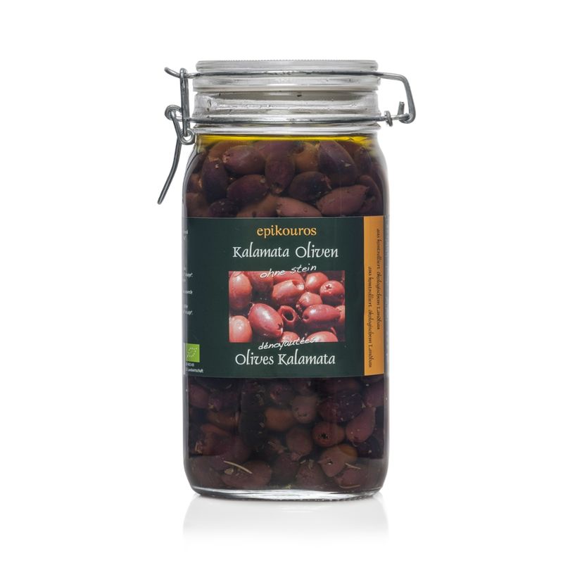 EPIKOUROS Kalamata-Oliven entsteint, in Kräuteröl, kaltverarbeitet - Produktbild