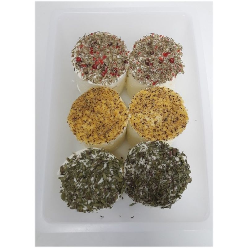 Ziegenkäserei Würnsreuth 6 x 125g Bio-Ziegenfrischkäse-Zylinder mit 3 verschiedenen Kräuter-/ Gewürztoppings in den Varianten Kräuter-Pfeffer, Senf, Zitronenthymian - Produktbild