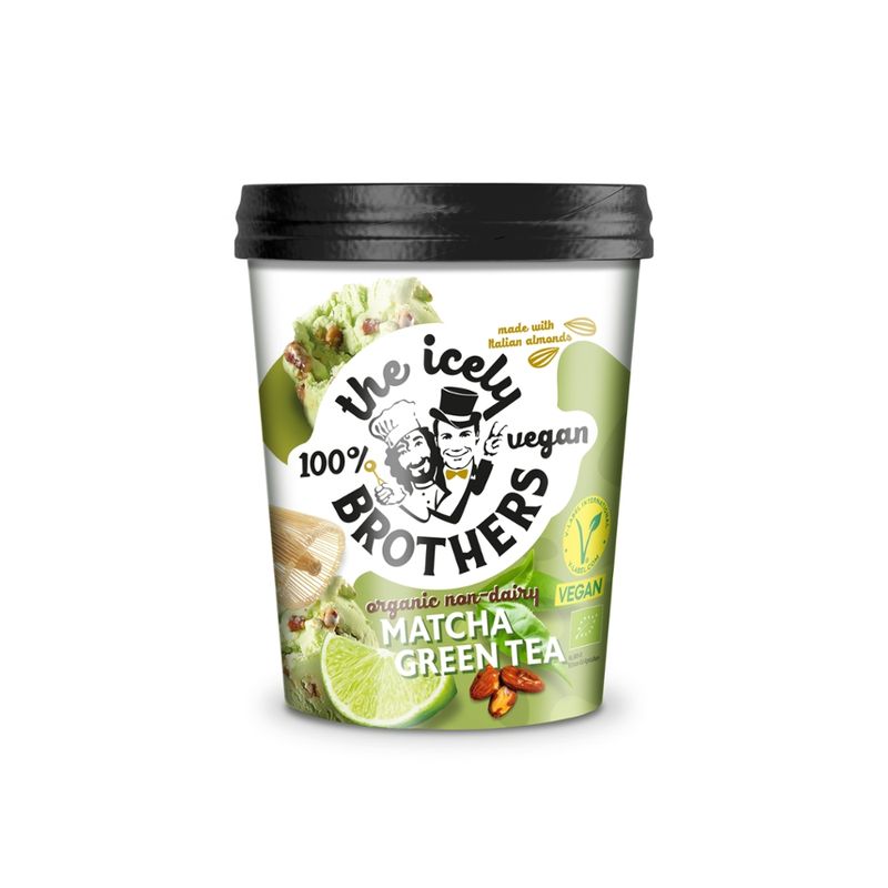 The Icely Brothers The Icely Brothers - Vegan BIO-Eis/Vegan Organic Ice Cream: Matcha Grünteegeschmack mit Limettengeschmack und Karamellisierter Mandelstücken / Matcha Green tea flavoured ice cream with lime flavour and Caramelised Almond pieces 460ml - Produktbild