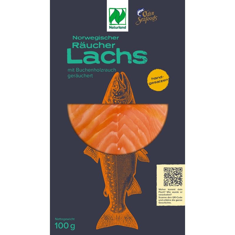 Odin Seafoods Naturland Räucherlachs 100g, Salmo Salar, heißgeräuhert, gekühlt - Produktbild