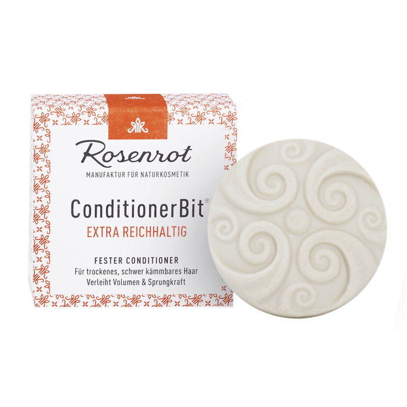 Rosenrot Naturkosmetik fester ConditionerBit® EXtra Reichhaltig - 55g - in Schachtel - Die Extraportion Pflege für trockenes und sprödes Haar. Sorgt für weiche, geschmeidige Haare und verbessert die Kämmbarkeit. Kein Build-up-Effekt. Die ideale Ergänzung zum festen ShampooBit. - Produktbild
