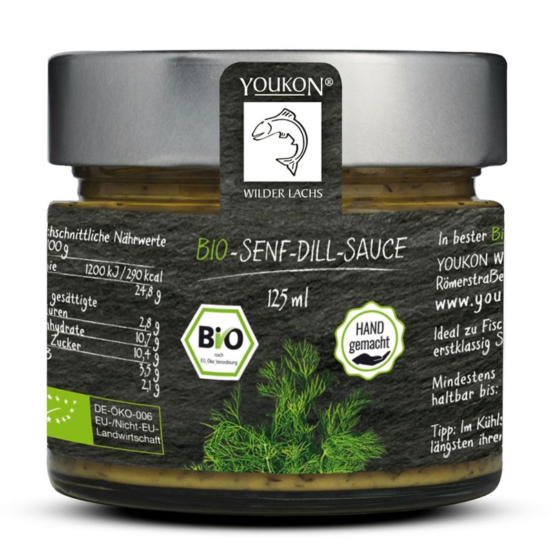 Youkon Wilder Lachs  Youkon Senf-Dill Sauce in BIO-Qualität 125 ml im dekorativen Glas - aus kontrolliert biologischer Produktion - Produktbild