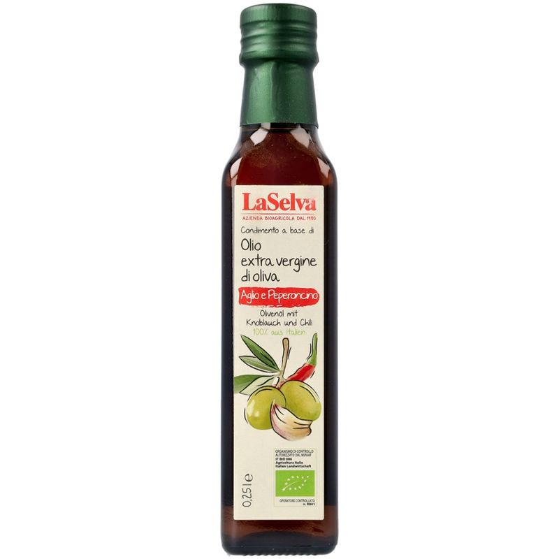 LaSelva Olivenöl mit Knoblauch und Chili - Zubereitung aus nat.Olivenöl extra - Produktbild