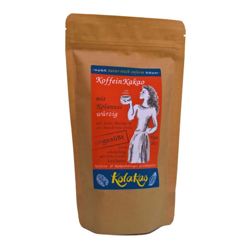 KolaKao KolaKao würzig 6 ungesüßt - der Koffein-Kakao mit Kolanuss. Getränkepulver mit dem milden Koffein der Kolanuss, ohne Zuckerzugabe. Gewürzt mit Zimt, Muskat & ein Hauch von Chilli, nicht scharf aber aromatisch. Bio & Vegan. - Produktbild