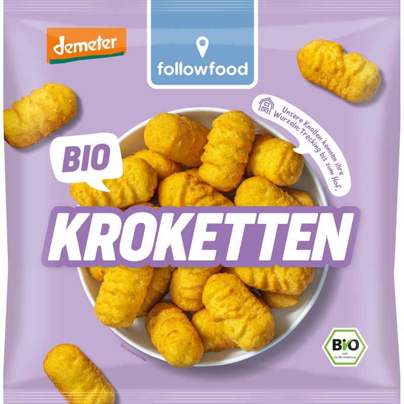 followfood Pürierte Kartoffeln, gewürzt, zu Kroketten geformt, in Rapsöl gebacken, tiefgefroren. - Produktbild