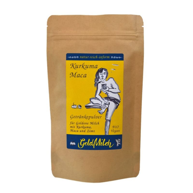 natur-reich-inform GoldMilch - Kurkuma Maca. Ein gewürztes Getränkepulver auf Basis von aromatischerm Kokosblütenzucker mit Kurkuma und Maca für Goldene Milch frei nach der indischen Ayurvedalehre. - Produktbild
