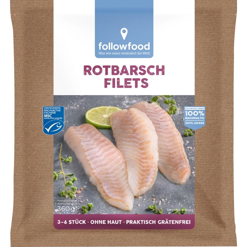 followfood Rotbarsch Filets, Filetportionen, ohne Haut, praktisch grätenfrei, tiefgekühlt, mit Wasserschutzglasur - Produktbild