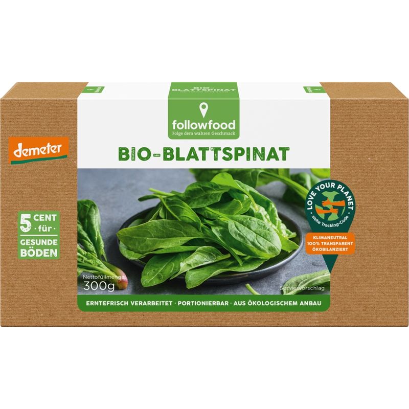 followfood Bio Blattspinat, erntefrisch verarbeitet, grob gehackt und blanchiert, portionierbar, aus ökologischem Anbau - Produktbild