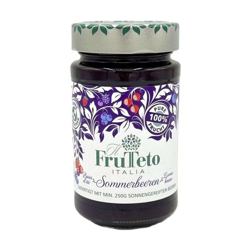 FruTeto Italia Frutteto Italia 100 % Sommerbeeren Bio-Fruchtaufstriche 250 g. Fruchtanteil 100 %. Zubereitet nur mit Früchten, ohne Rohrzucker, ohne Süßstoffe, ohne Konservierungsstoffe. Schmeckt nach Frucht pur frisch gepflückt. - Produktbild