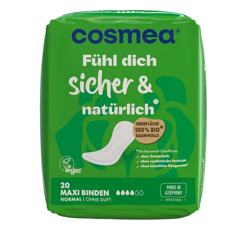 COSMEA®  cosmea® Maxi Binden Bio Baumwoll-Oberfläche Normal ohne Duft, 20 Stück - Produktbild