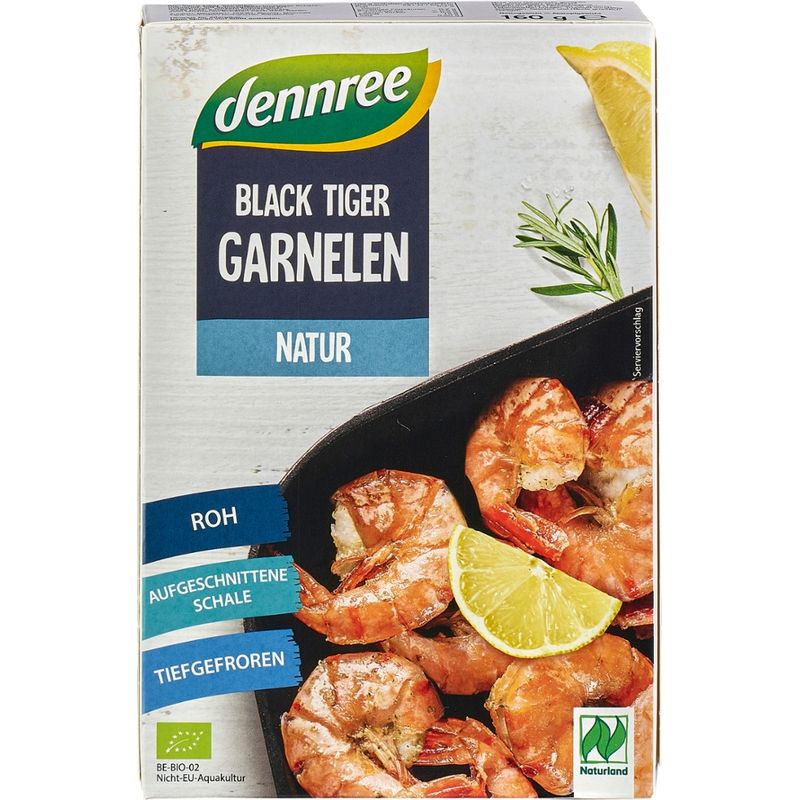 dennree Black Tiger Garnelen roh, ohne Kopf, mit aufgeschnittener Schale - Produktbild