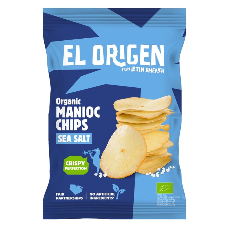 el origen el origen Bio Maniok Chips mit Meersalz, 60 g – aus direct trade, bio-zertifiziert, vegan, ohne Palmöl, glutenfrei, ohne Zusätze. - Produktbild