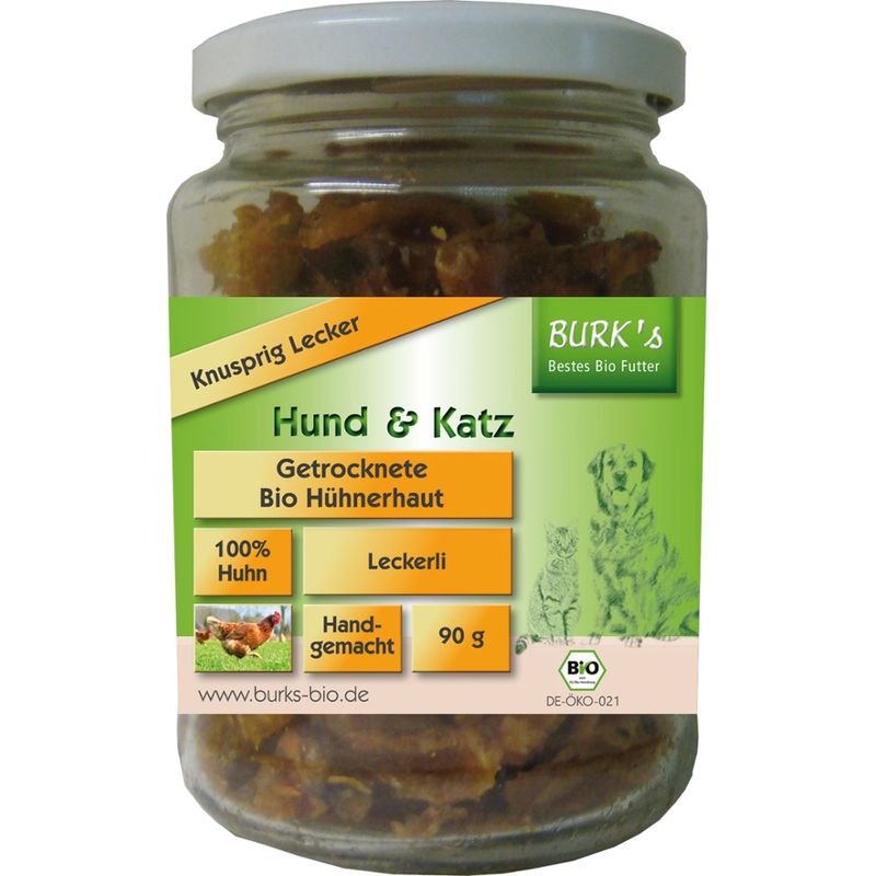 BURK's BURK's Getrocknete Bio-Hühnerhaut 90g Bio-Leckerli für Hund und Katze - Produktbild