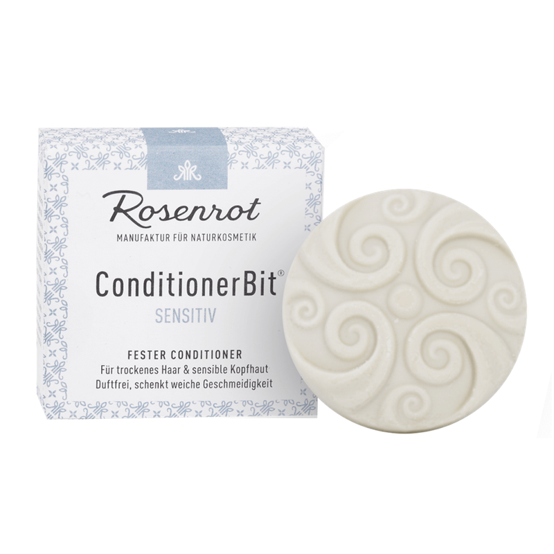 Rosenrot Naturkosmetik ConditionerBit®  - Sensitiv - Duftfrei. Die Extraportion Pflege für trockenes und sprödes Haar. Sorgt für weiche, geschmeidige Haare und verbessert die Kämmbarkeit. Kein Build-up-Effekt. Die ideale Ergänzung zum festen ShampooBit. - Produktbild