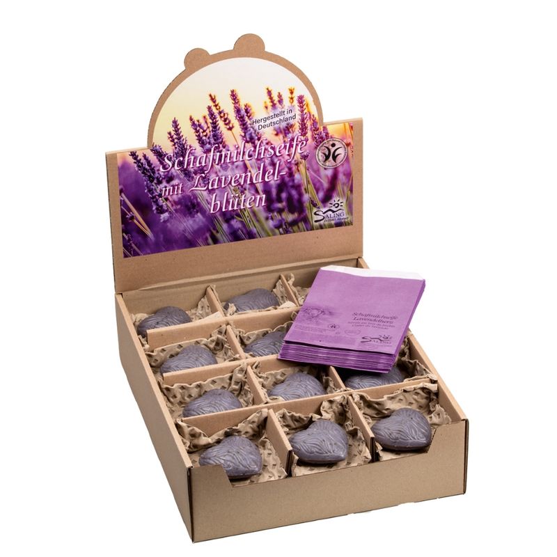 Saling Schafmilchseife Herz mit Lavendelblüten im Verkaufsdisplay mit passenden Papiertütchen, BDIH zertifiziert - Produktbild