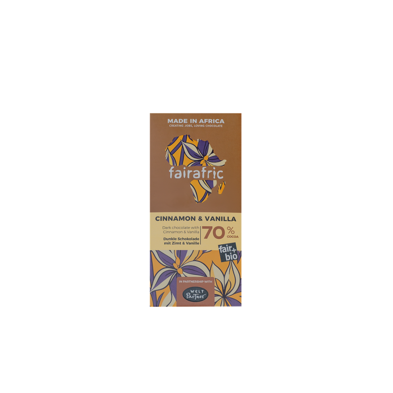 fairafric 70% Bio-Zartbitterschokolade mit Zimt & Vanille - Weltpartner Design - Produktbild