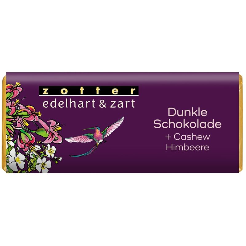 Zotter Schokolade edelhart & zart Dunkle Schoko + Cashew / Himbeere - Produktbild