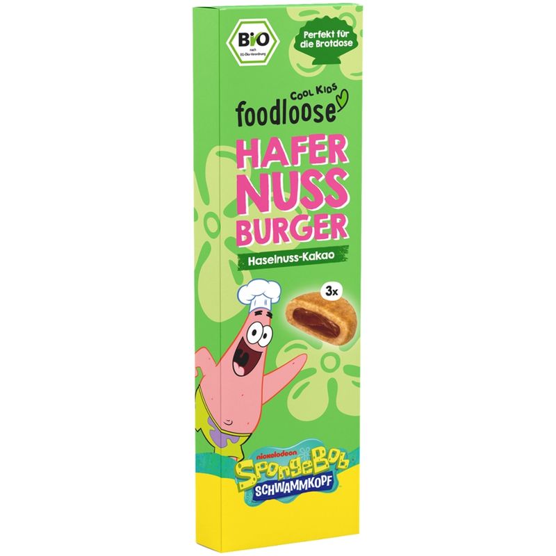 foodloose COOL KIDS SpongeBob Bio-Hafer-Nuss-Burger Haselnuss-Kakao von foodloose COOL KIDS (3x 17 g) - Produktbild