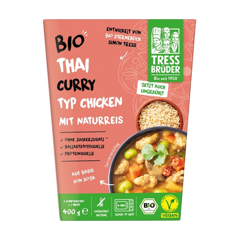 Tress Brüder veganes Bio Thai Curry Typ Chicken auf Basis von Soja mit Naturreis - Produktbild