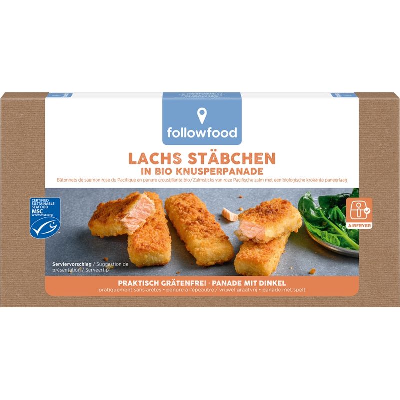 followfood MSC Lachs Stäbchen in Bio Knusperpanade, Wildlachsfilet, praktisch grätenfrei, aus Blöcken geschnitten, vorgebraten, tiefgefroren - Produktbild