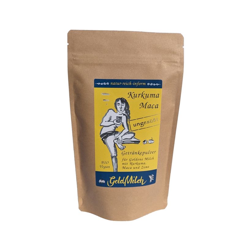 natur-reich-inform GoldMilch - Kurkuma Maca, gänzlich ungesüßt. Ein würziges Getränkepulver auf Basis von 33% Kurkuma und Maca für Goldene Milch frei nach der indischen Ayurvedalehre. Geeignet zum Einrühren in Milch oder veganen Pflanzendrinks. - Produktbild
