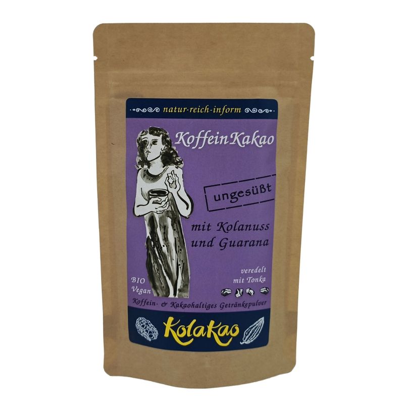 KolaKao KolaKao mit Guarana ungesüßt- der KoffeinKakao mit Kolanuss und Guarana als Koffeinquellen. Ein Getränkepulver mit edlem Kakao und Carob, ohne Zuckerzugabe und mit einer Spur Tonka verfeinert. Bio & Vegan. - Produktbild