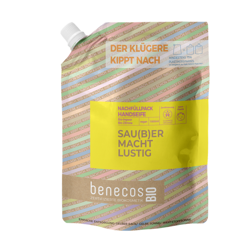 benecos benecosBIO Nachfüllbeutel 1000 ml Handseife BIO-Ingwer + BIO-Zitrone - SAU(B)ER MACHT LUSTIG - Produktbild