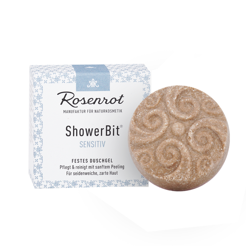 Rosenrot Naturkosmetik ShowerBit® - festes Duschgel Sensitiv - 60g - in Schachtel - Pflegedusche mit sanftem Peeling-Effekt für seidig, zarte und glatte Haut. - Produktbild