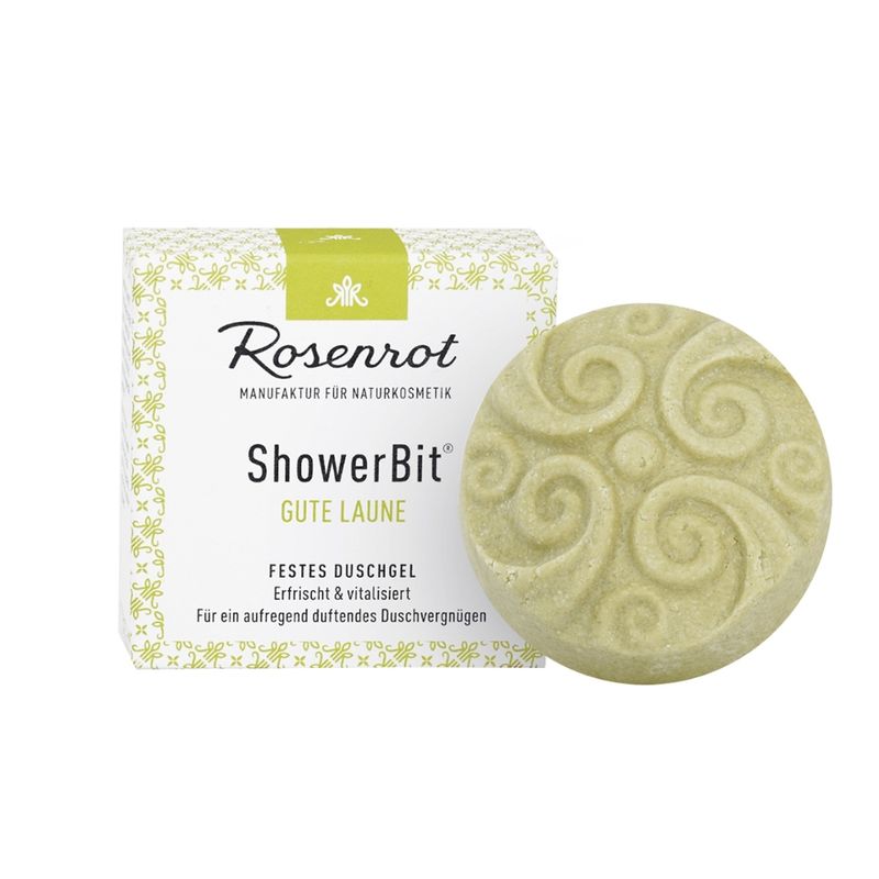 Rosenrot Naturkosmetik ShowerBit® - festes Duschgel Gute Laune - 55g - in Schachtel - Vitalisierende Pflegedusche mit Bio-Sanddornfrucht-Extrakt verwöhnt die Haut und versorgt mit viel Feuchtigkeit. - Produktbild