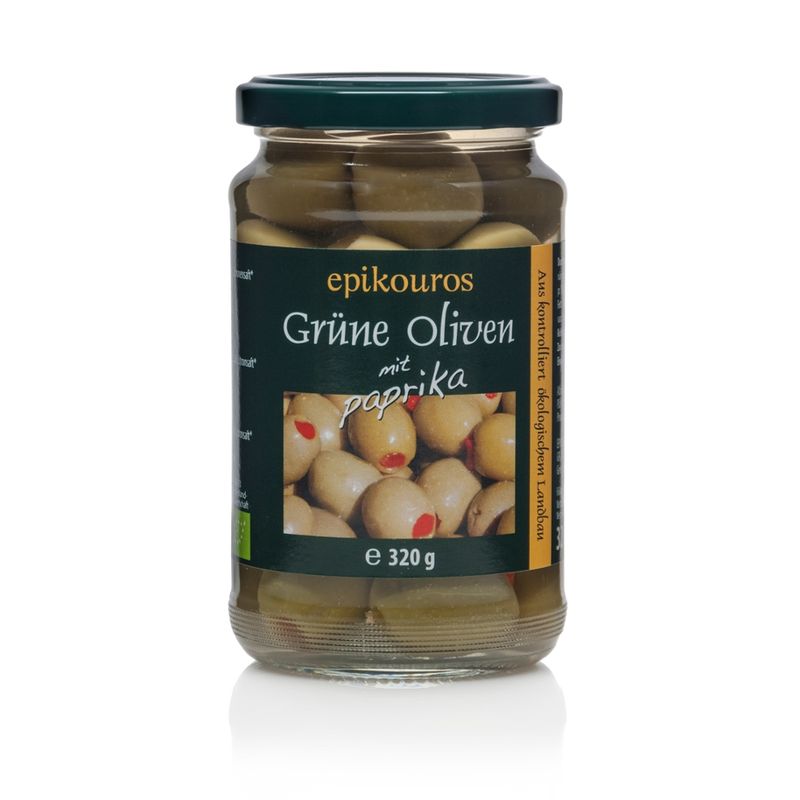 EPIKOUROS Grüne Oliven gefüllt mit rotem Paprika, in Lake, pasteurisiert - Produktbild