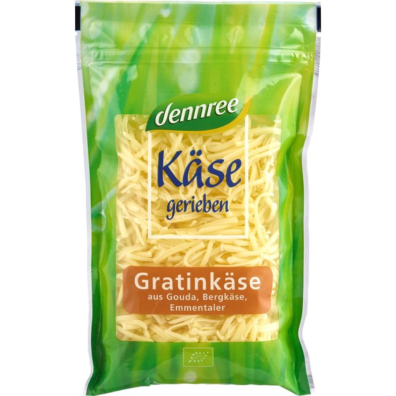 dennree Gratinkäse gerieben, aus Gouda, Bergkäse, Emmentaler, 45% Fett i. Tr. - Produktbild