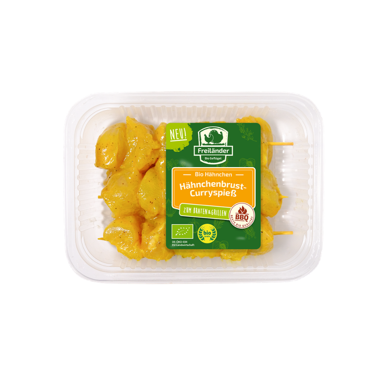 Freiländer Bio Geflügel Bio Hähnchenbrustspieß in Curry Marinade, frisch, MAP-Schale - Produktbild