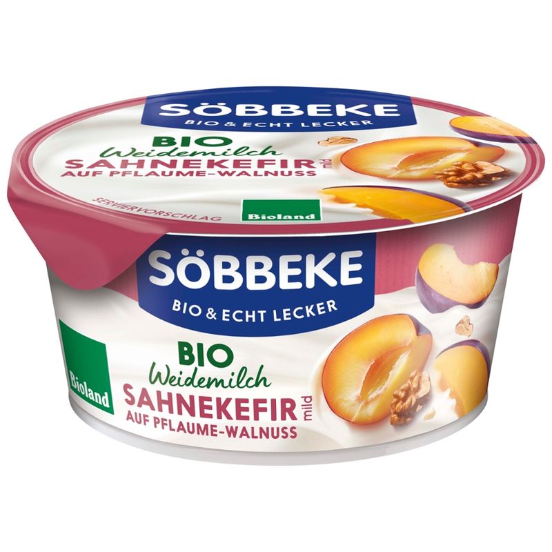Söbbeke Bio Weidemilch Sahnekefir mild auf Pflaume Walnuss 10 % Fett 150g Becher - Produktbild