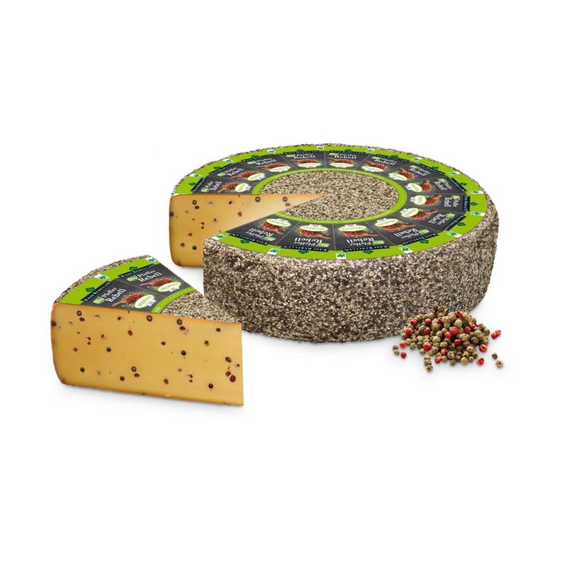Käserebellen Bio Pfeffer Rebell, Schnittkäse mindestens 50% Fett i.Tr. mit Bio-Pfefferkörner, Rinde mit Bio-Pfeffer affiniert, aus Bio-Bergbauern-Heumilch g.t.S. - Produktbild