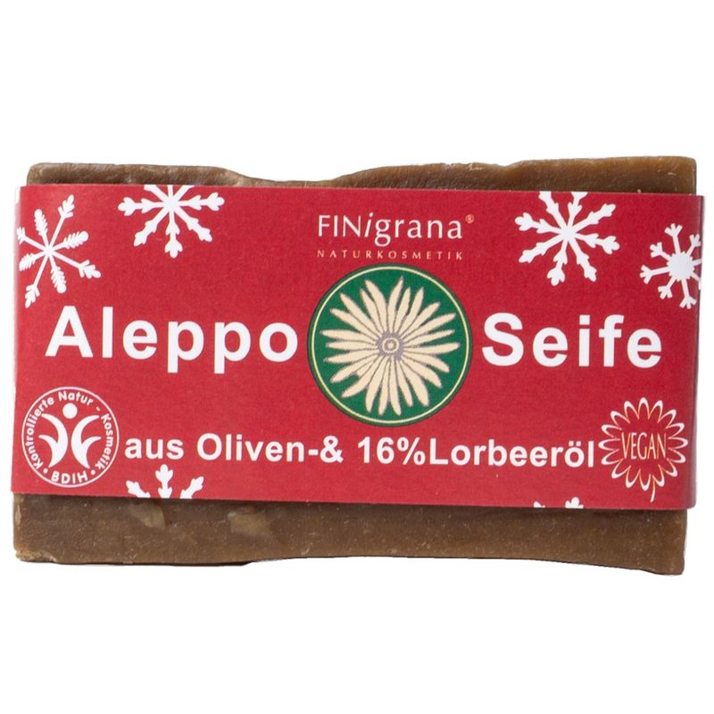 FINigrana® Naturkosmetik FINigrana Aleppo Olivenseife mit 16% Lorbeeröl,  180g traditionell handgeschnitter Winderdesign "Schneeflocke" - Produktbild
