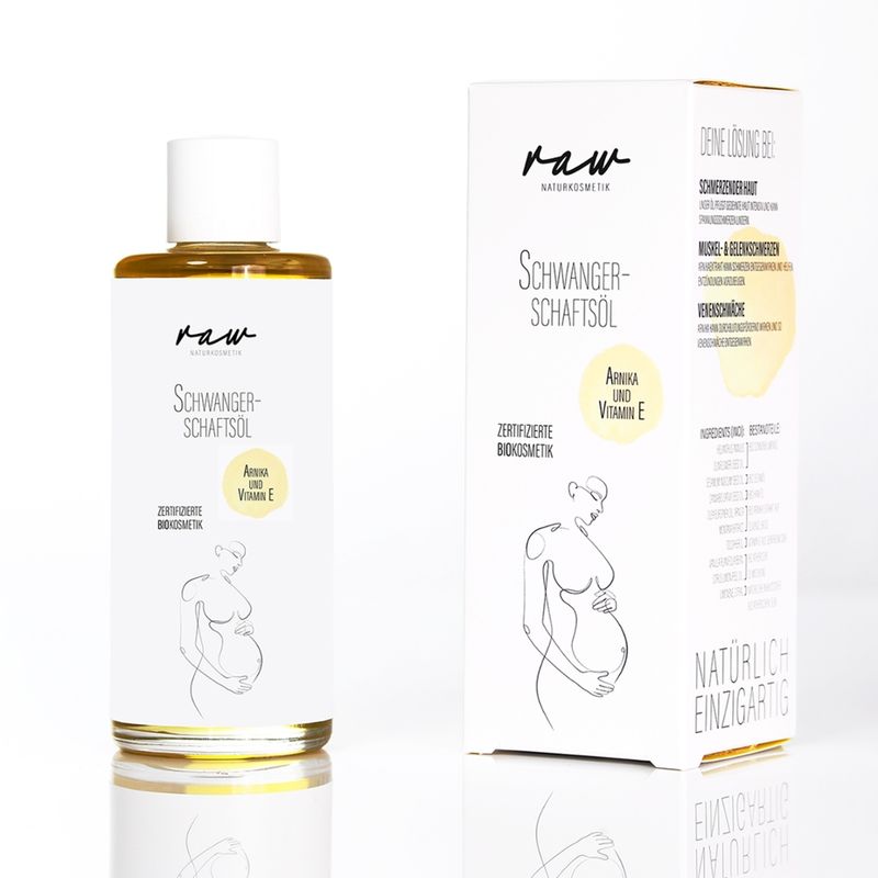raw Naturkosmetik Bio Schwangerschaftsöl mit Arnika & Vitamin E – pflegt trockene, gedehnte Haut intensiv, unterstützt die Elastizität und kann Dehnungsstreifen vorbeugen. Mit Bio Sesam-, Hanf- und Sonnenblumenöl sowie Arnikaextrakt für Entspannung und Regeneration. - Produktbild