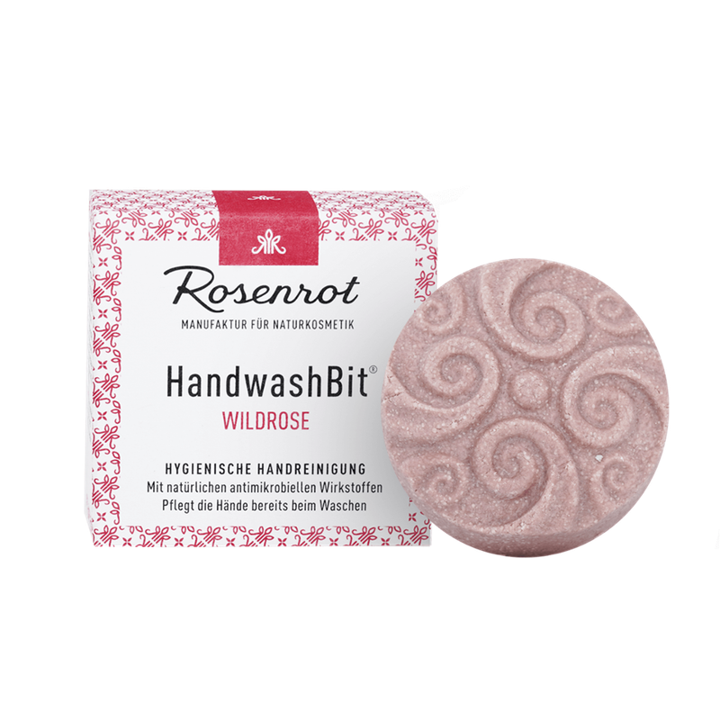Rosenrot Naturkosmetik HandwashBit® - feste Waschlotion Wildrose - 60g - in Schachtel - Mit edlem Rosenöl und eleganter Blumennote. Voluminöses Duftbouquet von Hecken- und Wildrosenaromen. - Produktbild