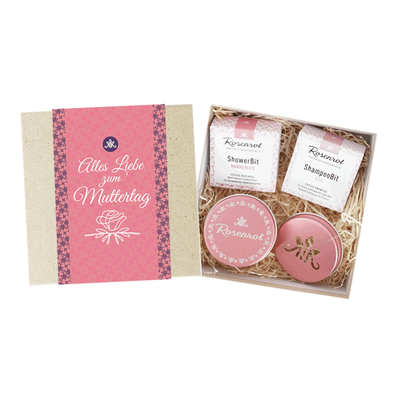 Rosenrot Naturkosmetik Rosenrot Geschenk-Set Muttertag mit ShampooBit® Rose - 60g, ShowerBit® Mandelblüte - 60g und Bitbox Rosé mit geöffnetem und geschlossenem Deckel - Produktbild
