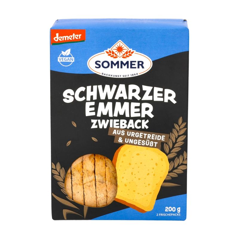 SOMMER BACKKUNST SEIT 1864 Demeter Schwarzer Emmer Zwieback, ohne Zuckerzusatz - Produktbild