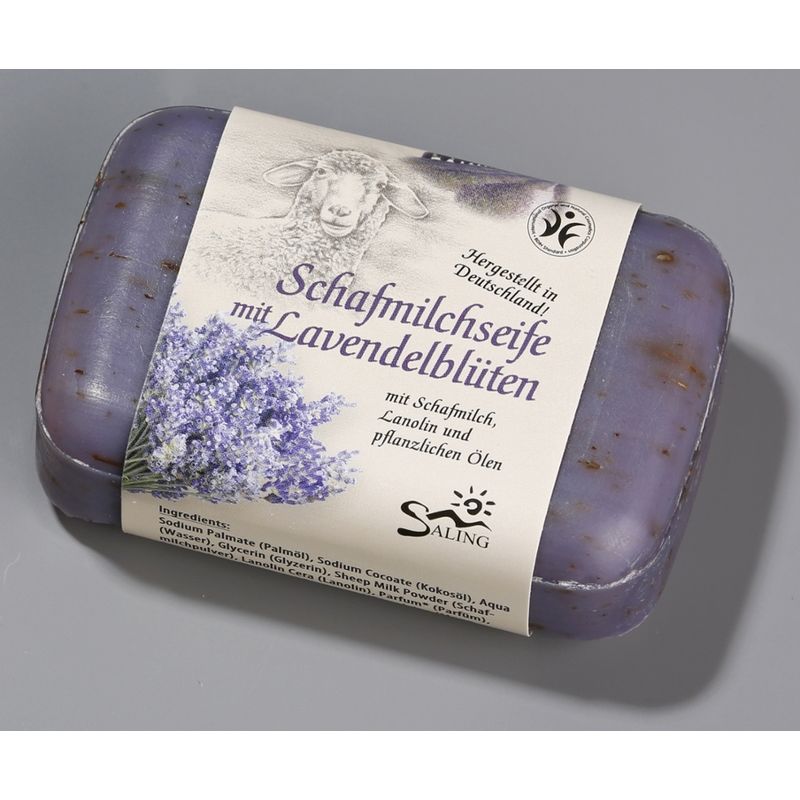 Saling Schafmilchseife Lavendelblüten 100g mit Banderole, BDIH zertifiziert, im Verkaufsdisplay - Produktbild