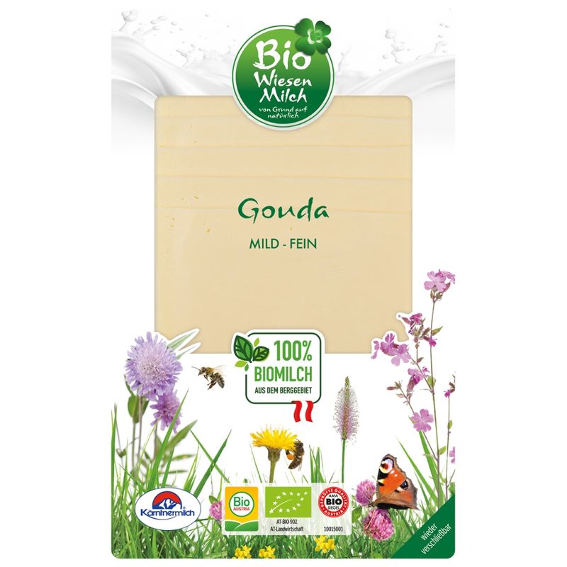 BioWiesenmilch Bio Wiesenmilch  Gouda, 45% F.i.T., 100g Scheiben - Produktbild