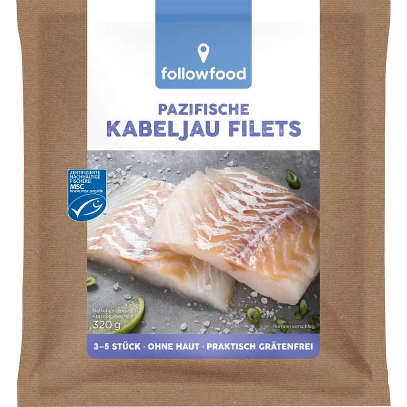 followfood 3–5 Kabeljau Filets, ohne Haut, praktisch grätenfrei, portioniert, tiefgekühlt mit Wasserschutzglasur. - Produktbild