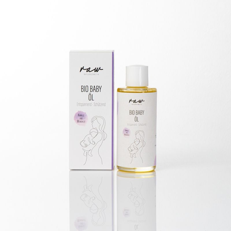 raw Naturkosmetik Bio Babyöl mit Kamille & Wundklee – Entspannende & schützende Pflege für empfindliche Babyhaut  Mit Hanf-, Mandel- & Sonnenblumenöl  Beruhigend bei Hautirritationen  Mit Bio Lavendelöl & Vitamin E - Produktbild