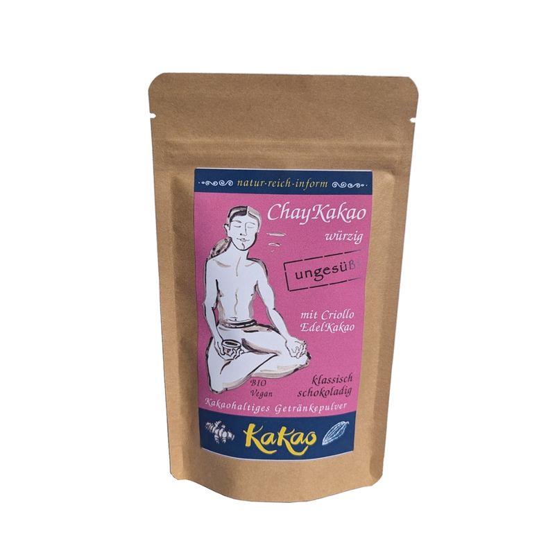 natur-reich-inform Chaykakao würzig mit Edelkakao klassisch schokoladig. Ein kakaohaltiges Getränkepulver, ungesüßt, mit der indischen Chay-Gewürzmischung: Zimt, Ingwer, Cardamom und Nelke. - Produktbild