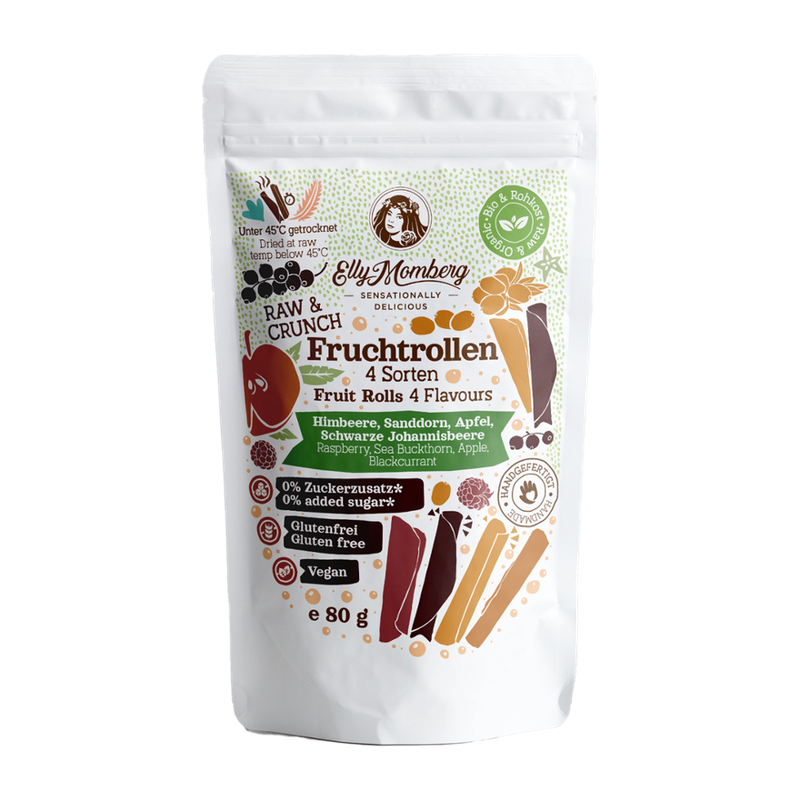 Elly Momberg Bio-Rohkost Fruchtrollen - Himbeere, Schwarze Johannisbeere, Apfel, Sanddorn - Produktbild
